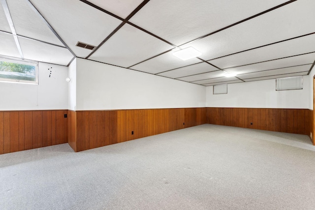 below grade area featuring wood walls, a wainscoted wall, and carpet flooring