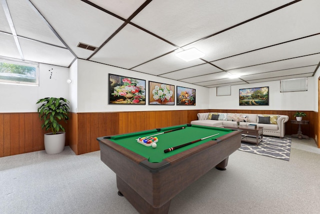 rec room featuring wainscoting, wood walls, carpet flooring, and billiards
