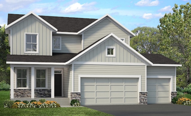 view of front of home with a shingled roof, board and batten siding, a porch, and stone siding