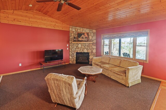 10209 Amery Ave NW, Silver Creek Twp, MN 55362 - carpeted living room featuring wood ceiling, ceiling fan, lofted ceiling, a fireplace, and baseboards