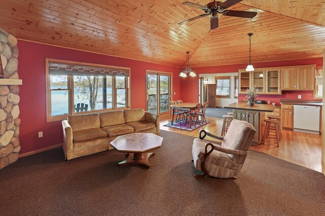 10209 Amery Ave NW, Silver Creek Twp, MN 55362 - living room with wooden ceiling, a ceiling fan, vaulted ceiling, baseboards, and light wood-style floors