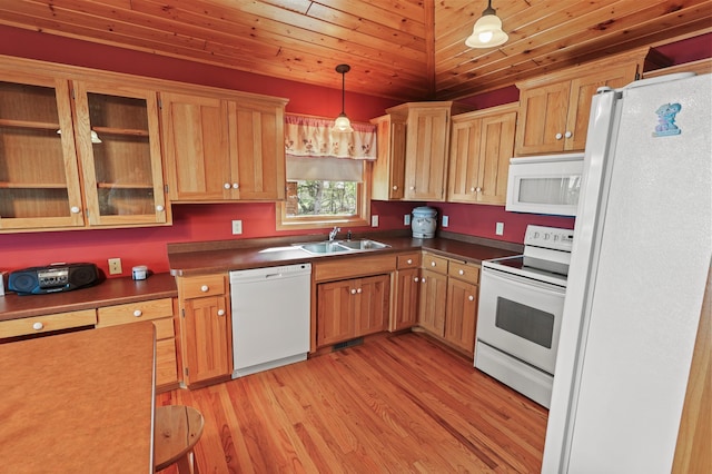 10209 Amery Ave NW, Silver Creek Twp, MN 55362 - kitchen with white appliances, a sink, wood ceiling, light wood-style flooring, and dark countertops