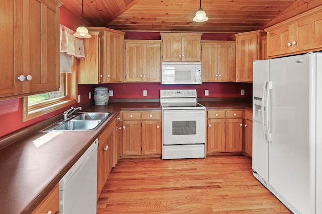 10209 Amery Ave NW, Silver Creek Twp, MN 55362 - kitchen featuring white appliances, a sink, wood ceiling, light wood-type flooring, and hanging light fixtures