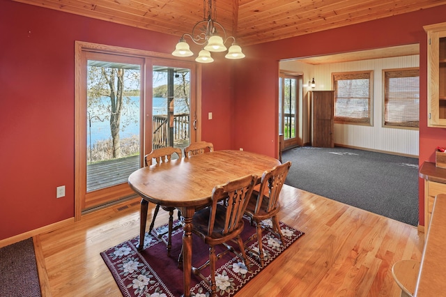 10209 Amery Ave NW, Silver Creek Twp, MN 55362 - dining room with plenty of natural light, wooden ceiling, a chandelier, light wood finished floors, and lofted ceiling