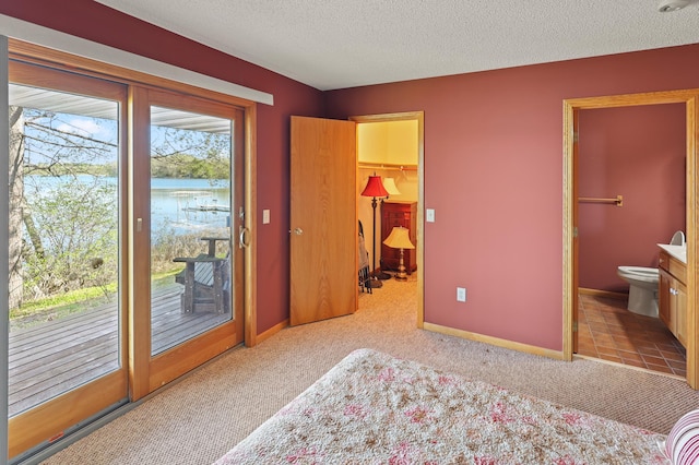 10209 Amery Ave NW, Silver Creek Twp, MN 55362 - bedroom with carpet, access to exterior, a water view, ensuite bath, and a textured ceiling