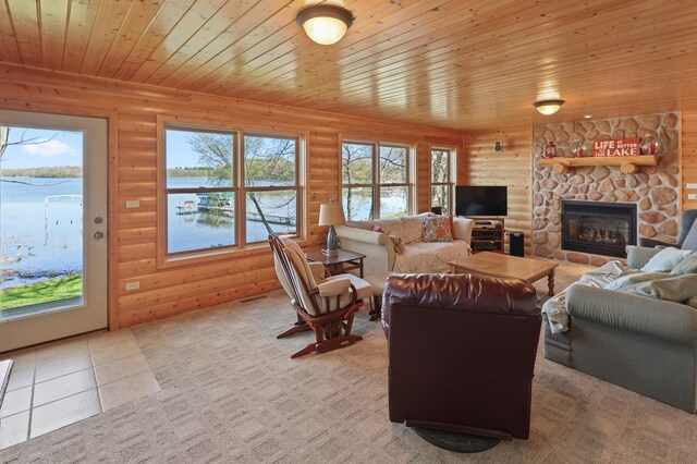 10209 Amery Ave NW, Silver Creek Twp, MN 55362 - living area featuring rustic walls, wooden ceiling, a fireplace, and plenty of natural light