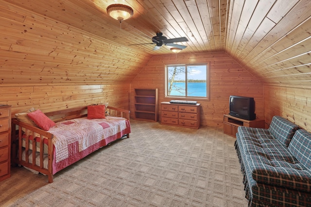 10209 Amery Ave NW, Silver Creek Twp, MN 55362 - bedroom featuring wood walls, wooden ceiling, vaulted ceiling, light colored carpet, and ceiling fan