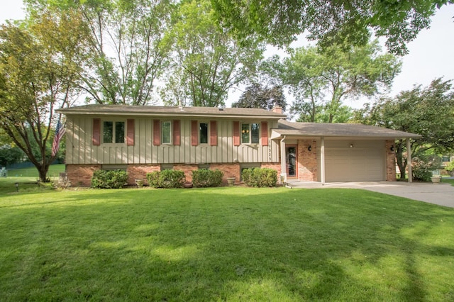 10929 108th Ave N, Maple Grove, MN 55369 - split level home featuring brick siding, driveway, a garage, a chimney, and a front yard