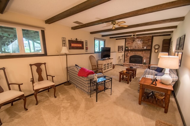 10929 108th Ave N, Maple Grove, MN 55369 - living room featuring light carpet, ceiling fan, a fireplace, and beam ceiling