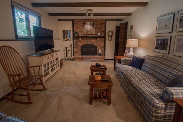 10929 108th Ave N, Maple Grove, MN 55369 - living room featuring light colored carpet, a fireplace, and beamed ceiling