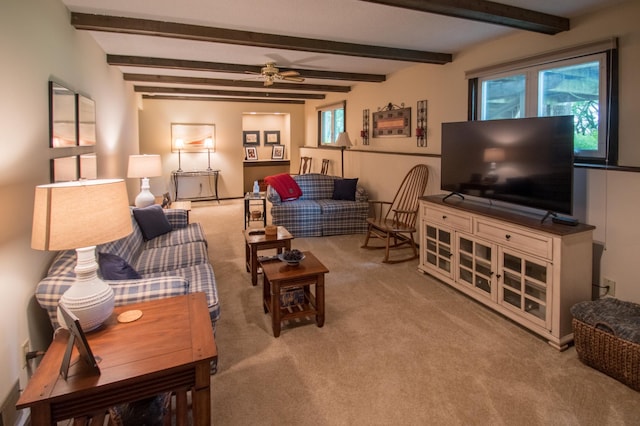 10929 108th Ave N, Maple Grove, MN 55369 - carpeted living room featuring ceiling fan and beamed ceiling