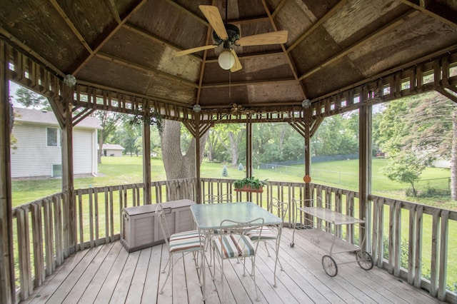 10929 108th Ave N, Maple Grove, MN 55369 - wooden terrace featuring a gazebo, a ceiling fan, a yard, and outdoor dining area