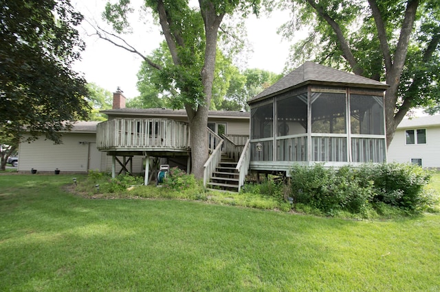 10929 108th Ave N, Maple Grove, MN 55369 - back of house featuring a sunroom, stairway, a yard, and a wooden deck