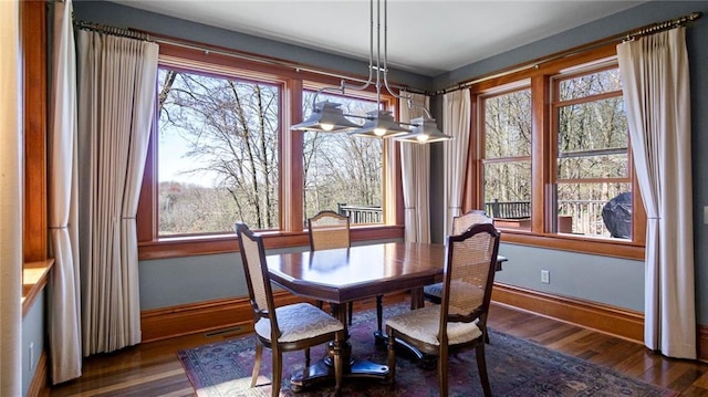 dining room with baseboards, plenty of natural light, wood finished floors, and a chandelier
