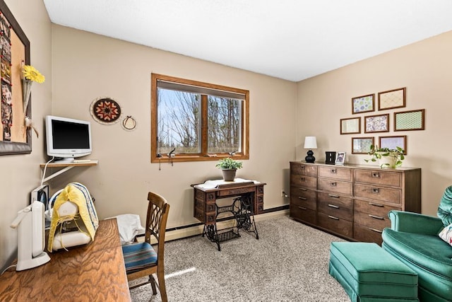 carpeted office space featuring baseboards