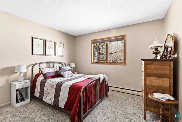 bedroom with baseboards, a baseboard radiator, carpet, and a textured ceiling
