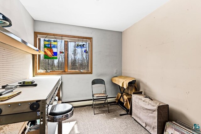 office area with carpet and a baseboard radiator