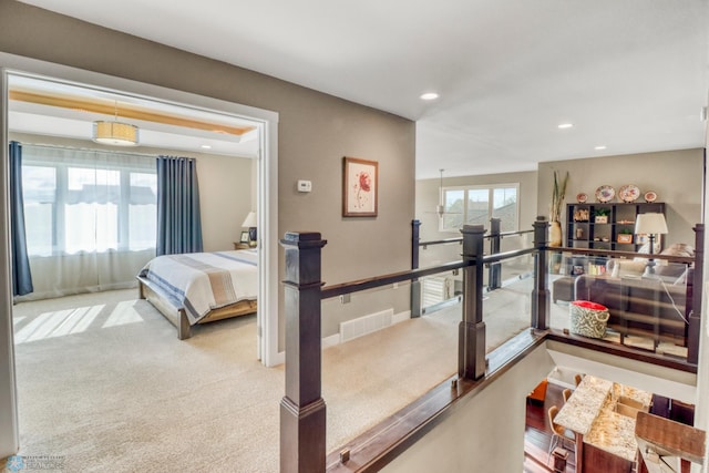 carpeted bedroom with baseboards and recessed lighting