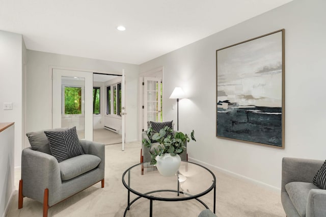 2117 Indian Rd W, Minnetonka, MN 55305 - living room with light colored carpet, baseboards, a baseboard heating unit, and recessed lighting