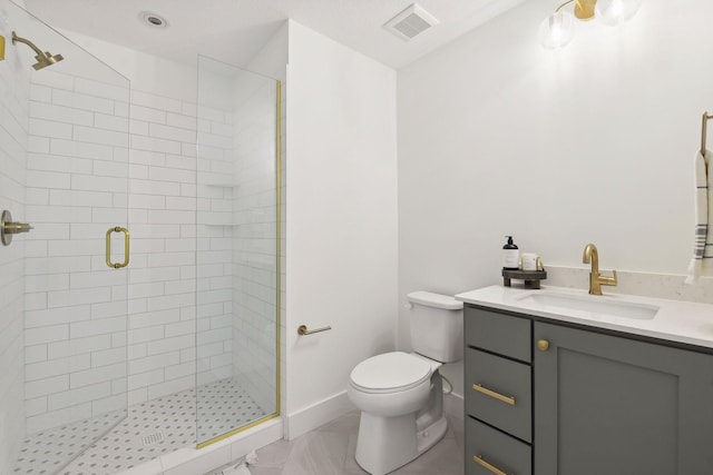 full bathroom with a stall shower, toilet, vanity, marble look tiles, and baseboards