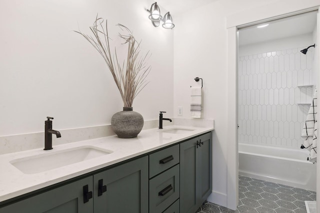 bathroom with washtub / shower combination and double vanity