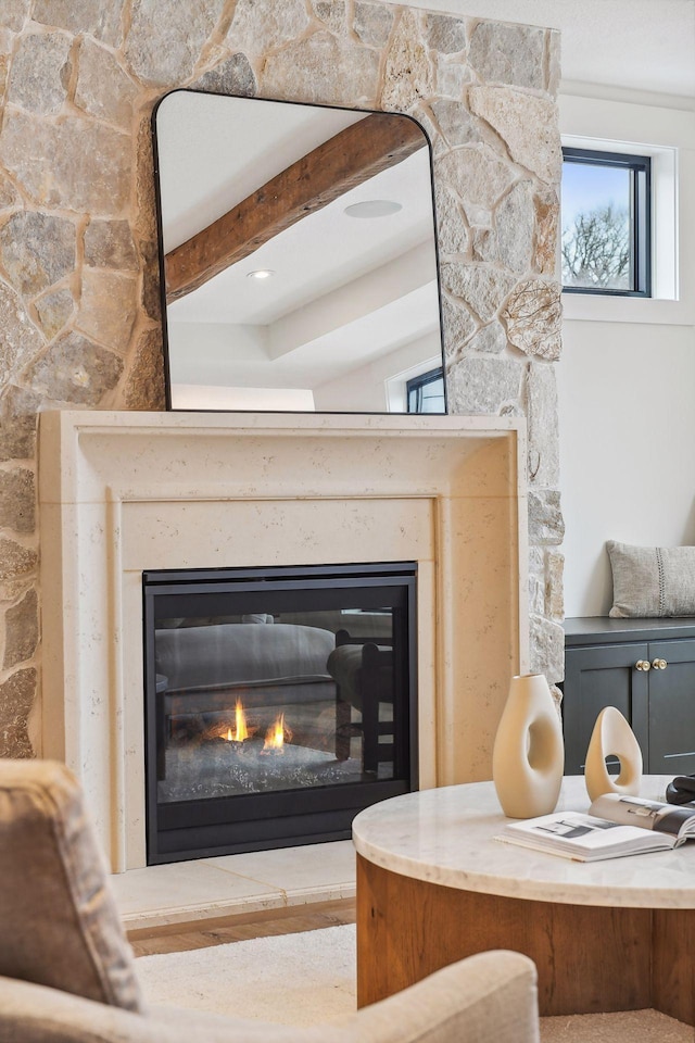 detailed view of a glass covered fireplace