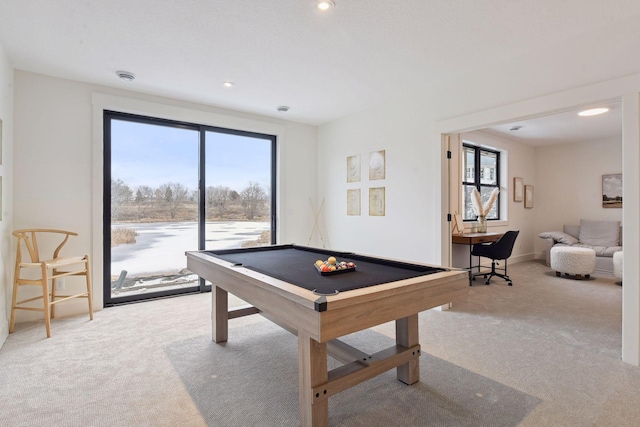 rec room with carpet flooring, billiards, recessed lighting, and baseboards