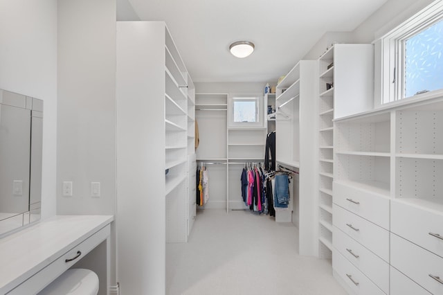 walk in closet featuring light carpet