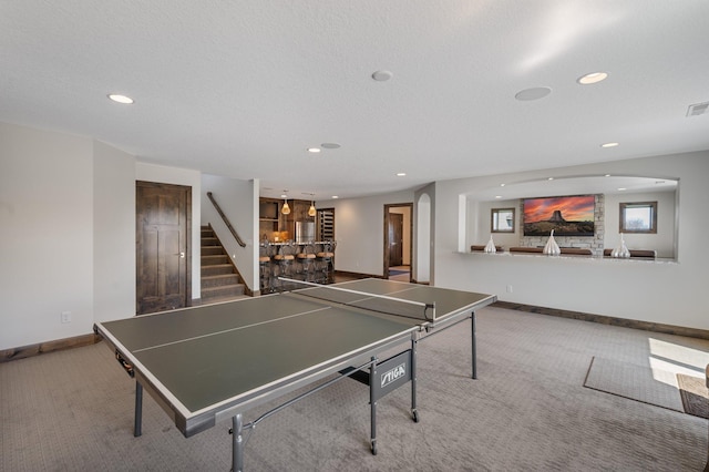 game room with recessed lighting, carpet flooring, and baseboards