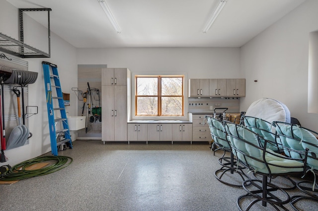 interior space with speckled floor
