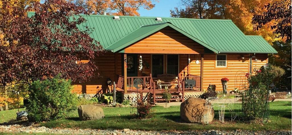 back of property with log veneer siding and metal roof