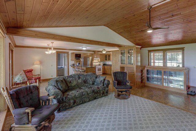 2064 View Dr NW, Walker, MN 56484 - living room with ceiling fan, wooden ceiling, and a chandelier