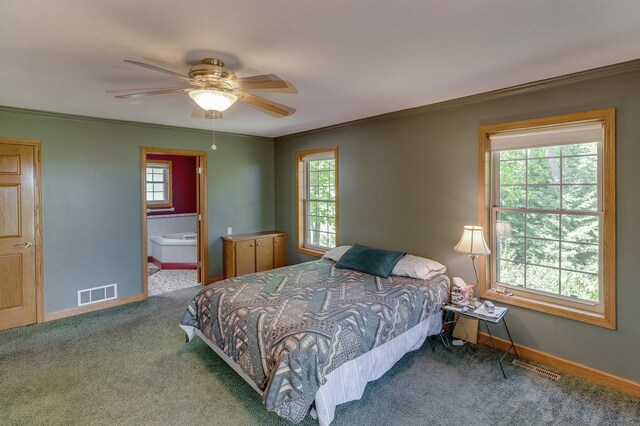 2064 View Dr NW, Walker, MN 56484 - bedroom with ornamental molding, carpet floors, baseboards, ceiling fan, and ensuite bathroom