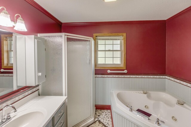 2064 View Dr NW, Walker, MN 56484 - bathroom with a shower stall, ornamental molding, a whirlpool tub, wainscoting, and vanity