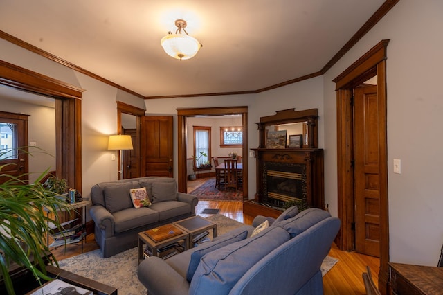 living room featuring light wood-style floors and crown molding