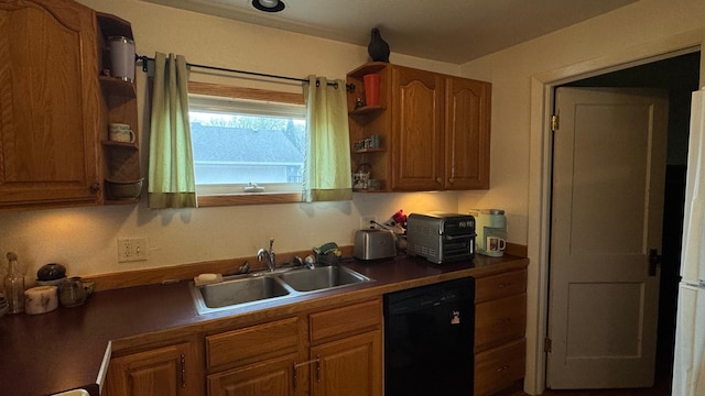 kitchen with brown cabinets, open shelves, a sink, and dishwasher
