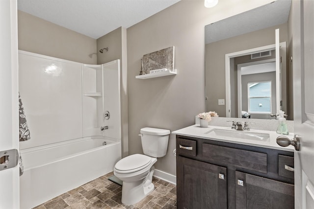 bathroom featuring visible vents, vanity, tub / shower combination, toilet, and baseboards