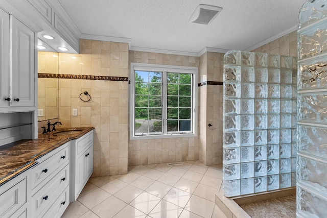 7884 341st St, Lent Twp, MN 55079 - bathroom with ornamental molding, vanity, walk in shower, tile walls, and a textured ceiling
