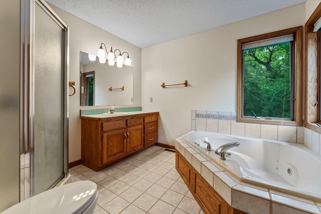 7884 341st St, Lent Twp, MN 55079 - bathroom featuring vanity, a stall shower, a whirlpool tub, tile patterned flooring, and a textured ceiling