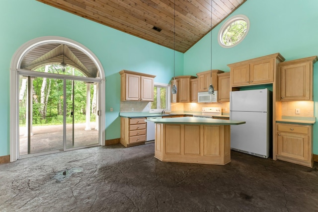 7884 341st St, Lent Twp, MN 55079 - kitchen featuring white appliances, decorative backsplash, a center island, wood ceiling, and high vaulted ceiling