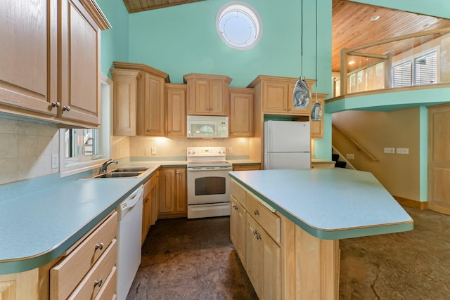 7884 341st St, Lent Twp, MN 55079 - kitchen with white appliances, high vaulted ceiling, light brown cabinets, wooden ceiling, and a kitchen island