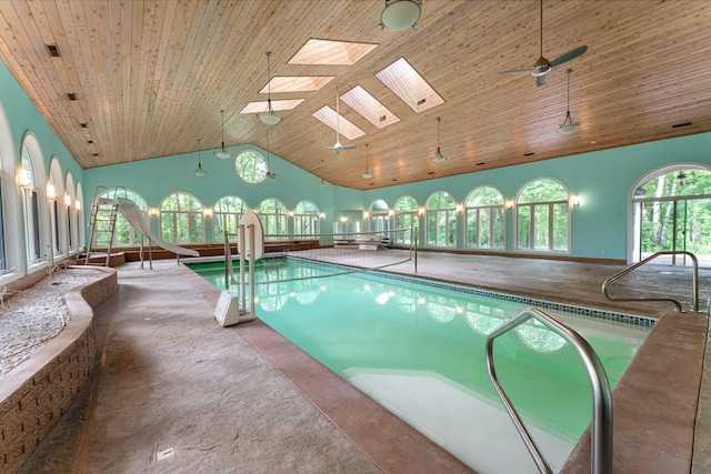7884 341st St, Lent Twp, MN 55079 - indoor pool featuring a skylight and a ceiling fan
