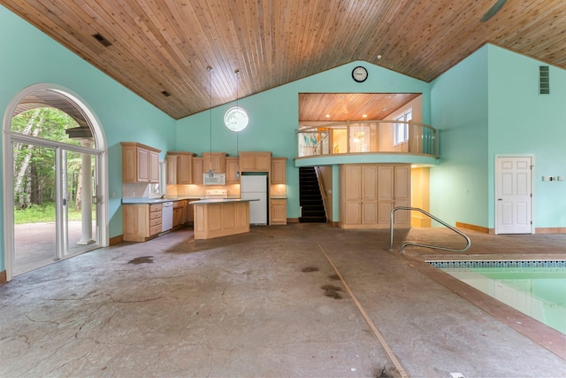 7884 341st St, Lent Twp, MN 55079 - kitchen with white appliances, high vaulted ceiling, light brown cabinetry, wooden ceiling, and a center island