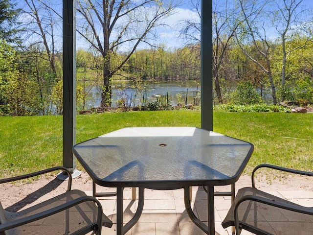 view of patio with a water view