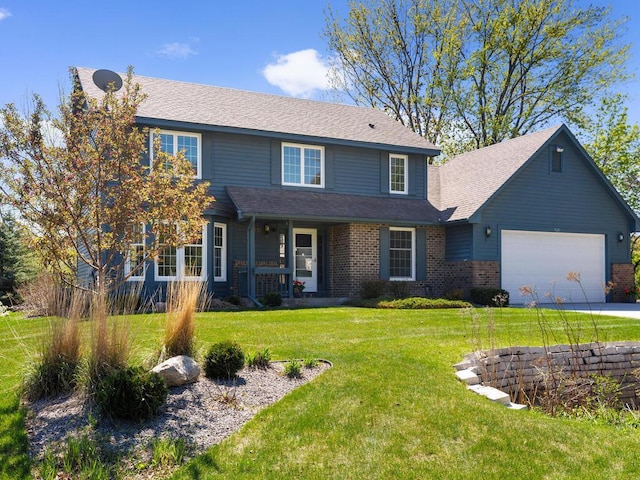 traditional-style home featuring a garage, a front lawn, concrete driveway, and a porch