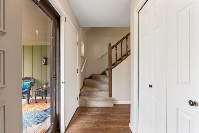 entryway with baseboards, dark wood-style flooring, and stairway