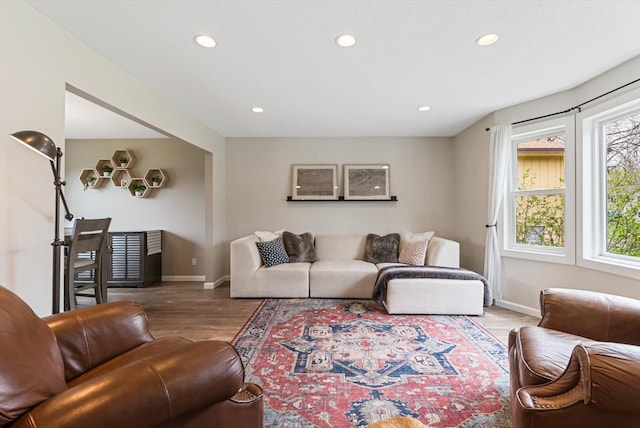 living area featuring baseboards, recessed lighting, and wood finished floors