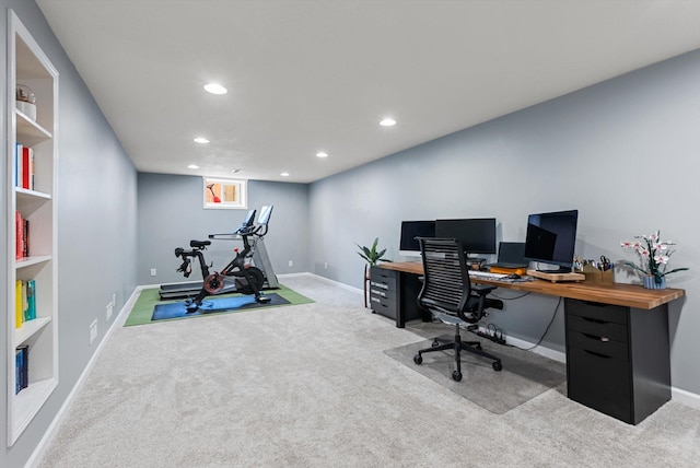 office space featuring carpet floors, baseboards, and recessed lighting