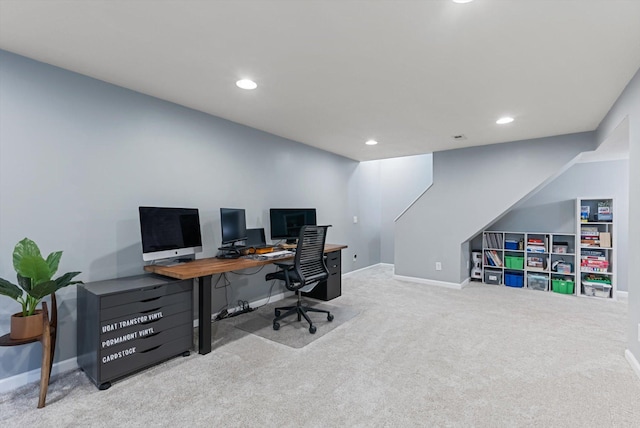 office space featuring baseboards, recessed lighting, and carpet