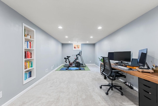 home office featuring recessed lighting, baseboards, and light colored carpet